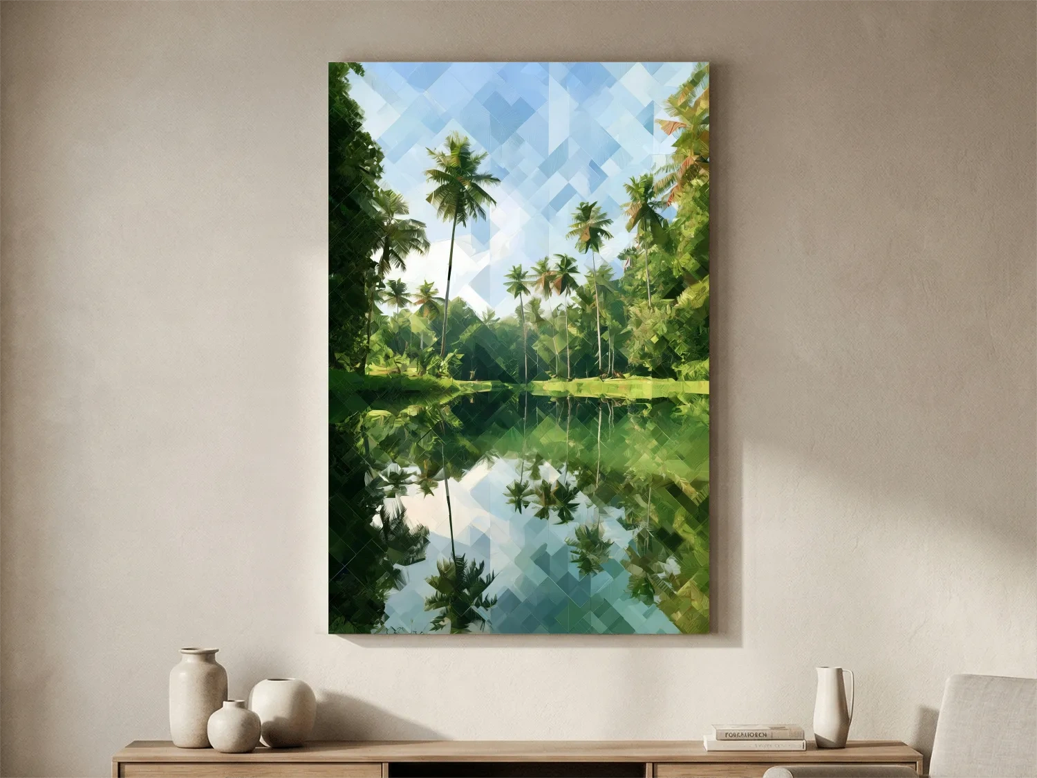 Geometric Tropical Lagoon Palm Reflection - Abstract Landscape Wall Art