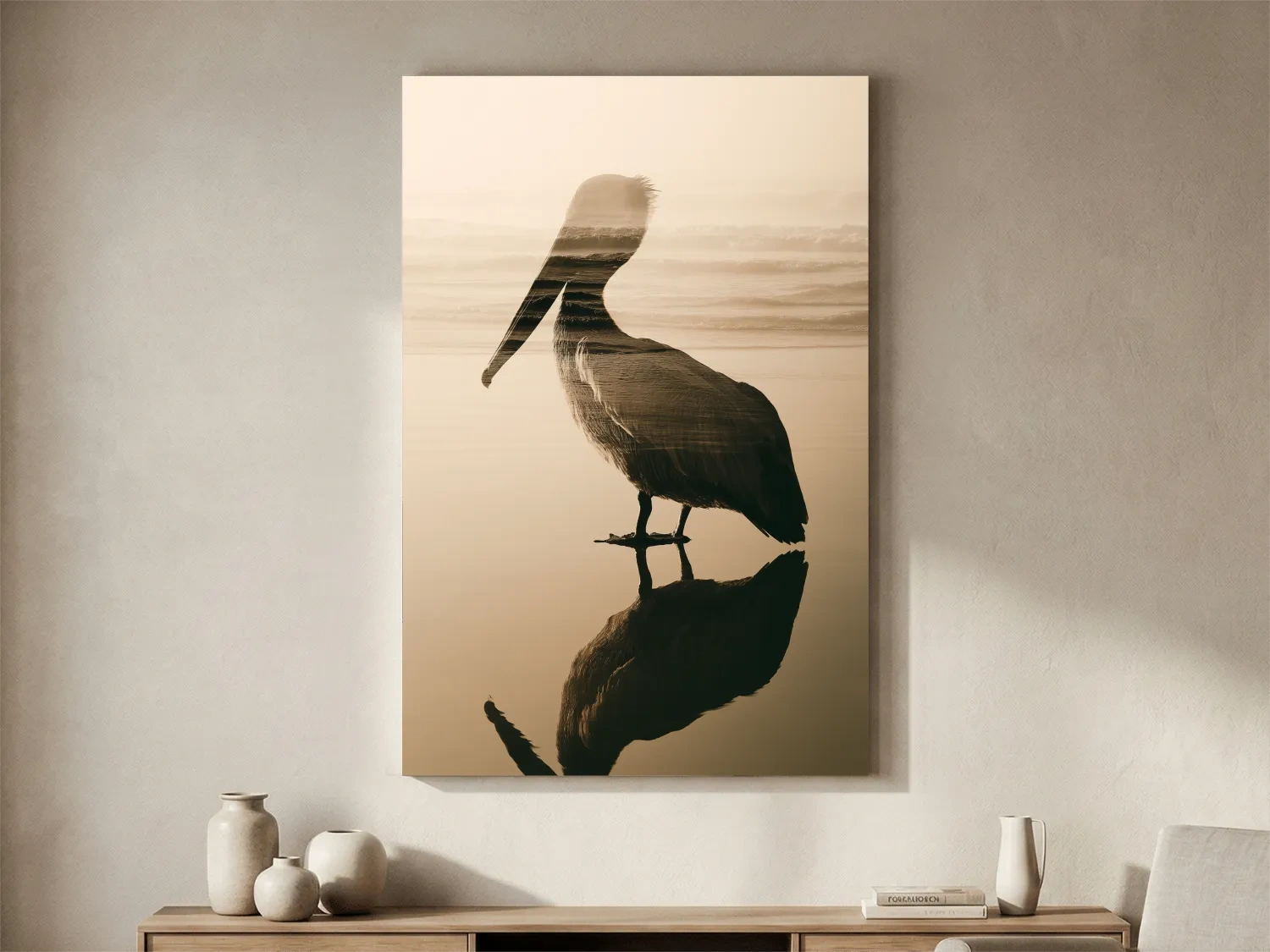 Pelican Double Exposure Silhouette - Minimalist Beach Photographic Wall Art