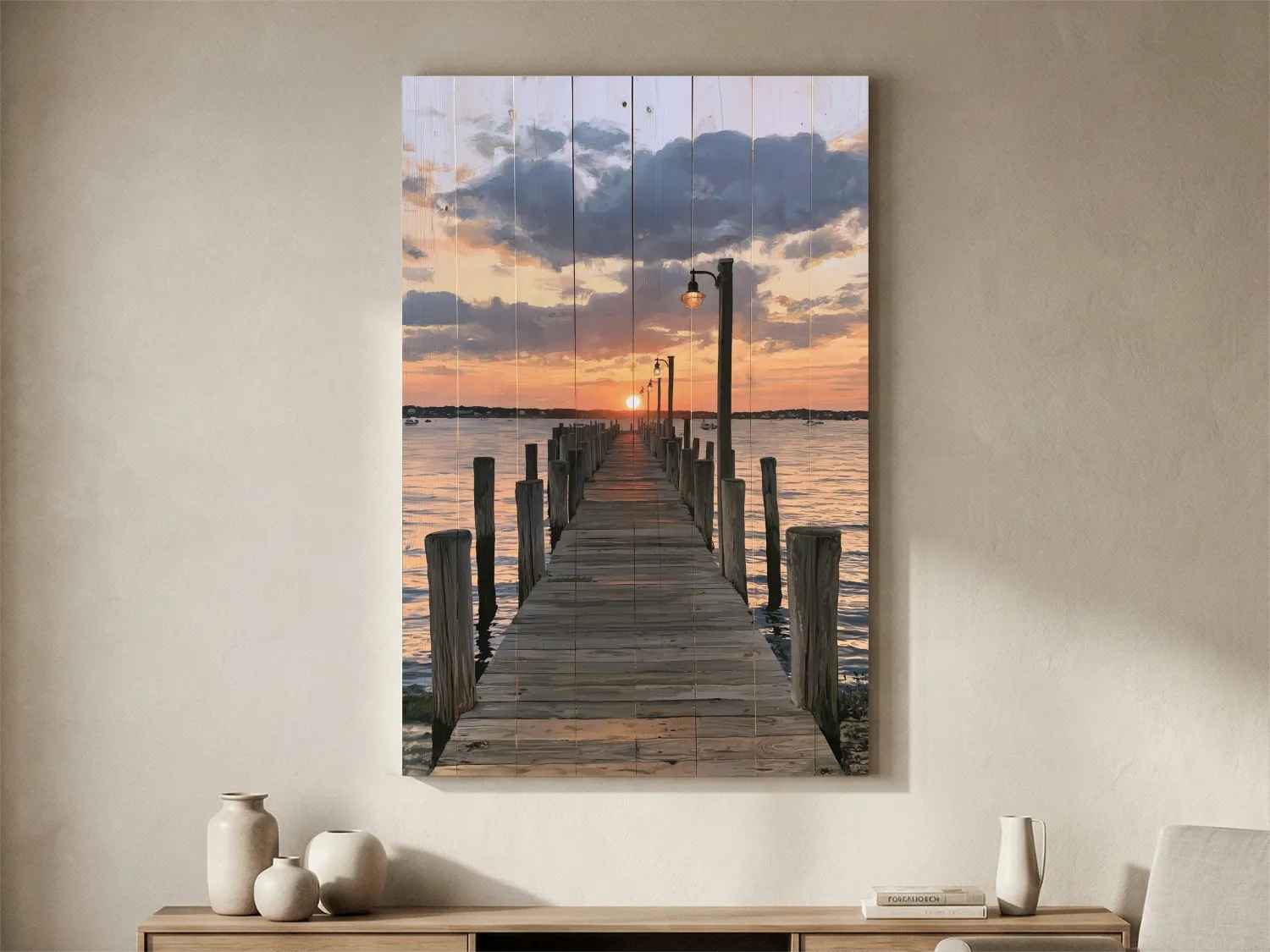 Sunset Pier Painting Reclaimed Wood Effect - Coastal Landscape Wall Art