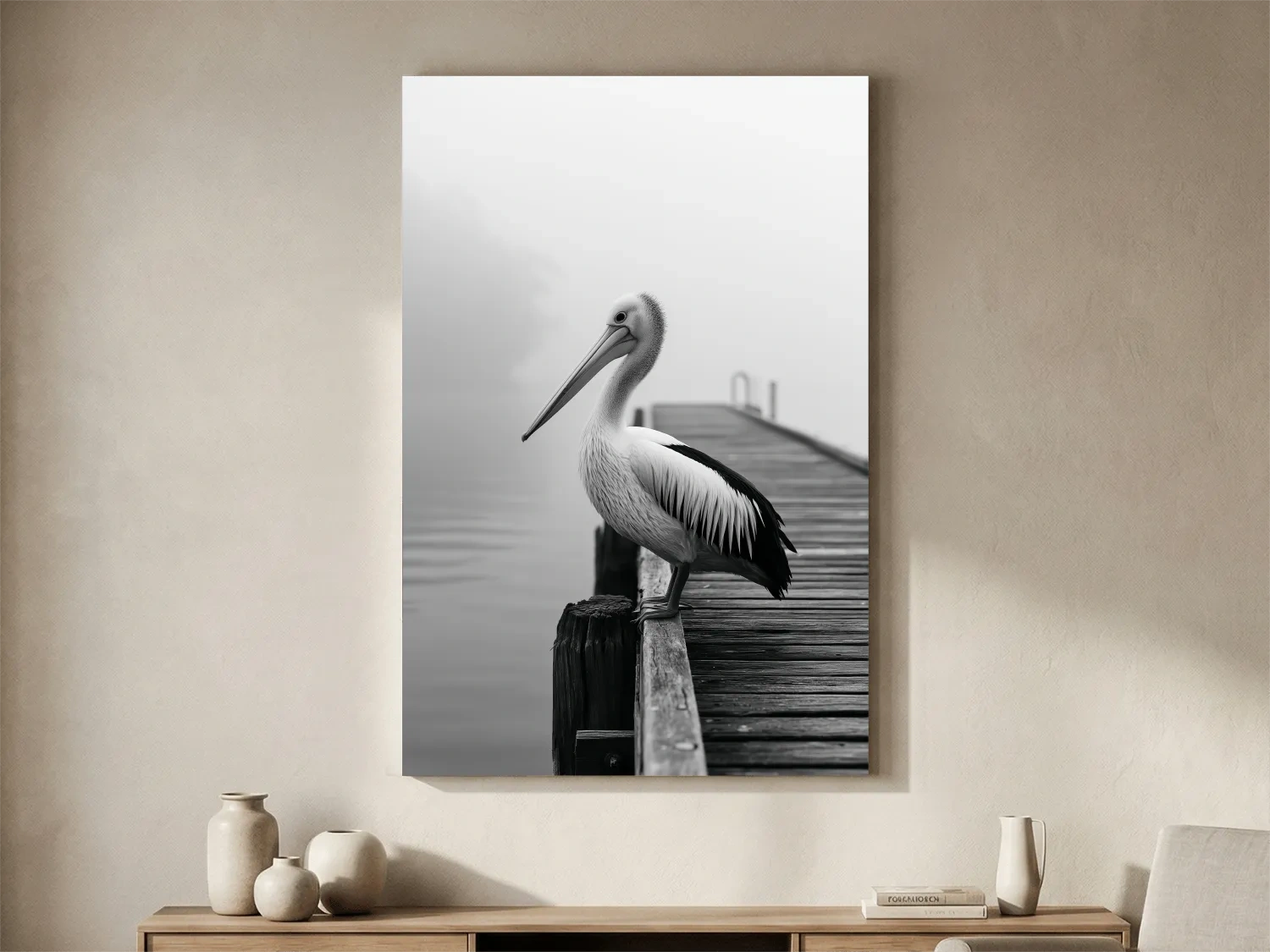 Minimalist Pelican On Pier - Photographic Wall Art