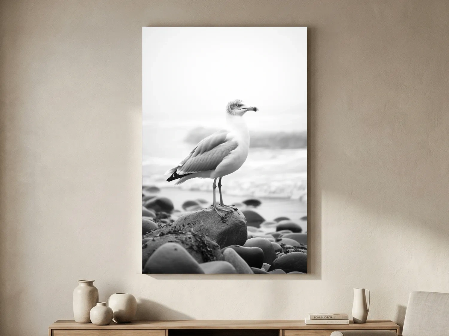 Misty Seagull On Pebble Beach - Minimalist Photographic Wall Art
