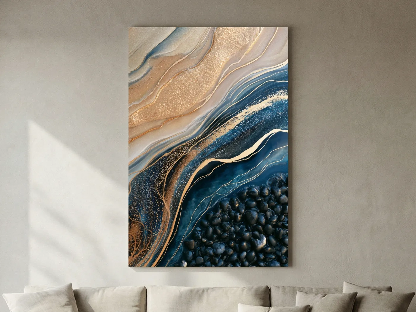 Layered Beach Strata and Pebbles - Abstract Mixed Media Wall Art