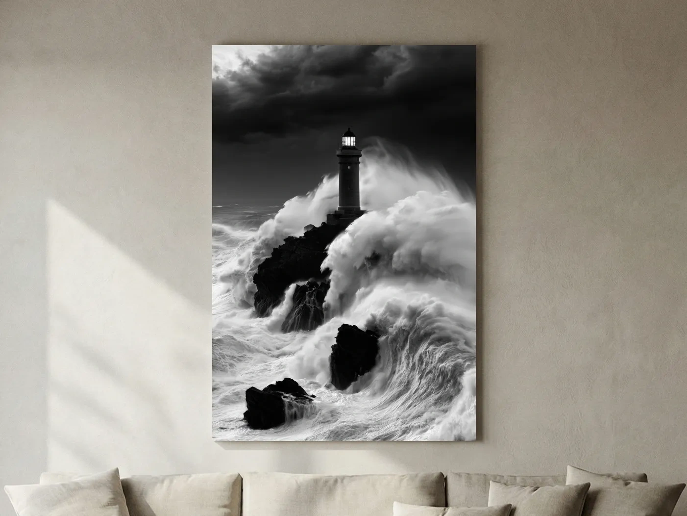 Misty Lighthouse Crashing Waves - Black And White Photographic Wall Art
