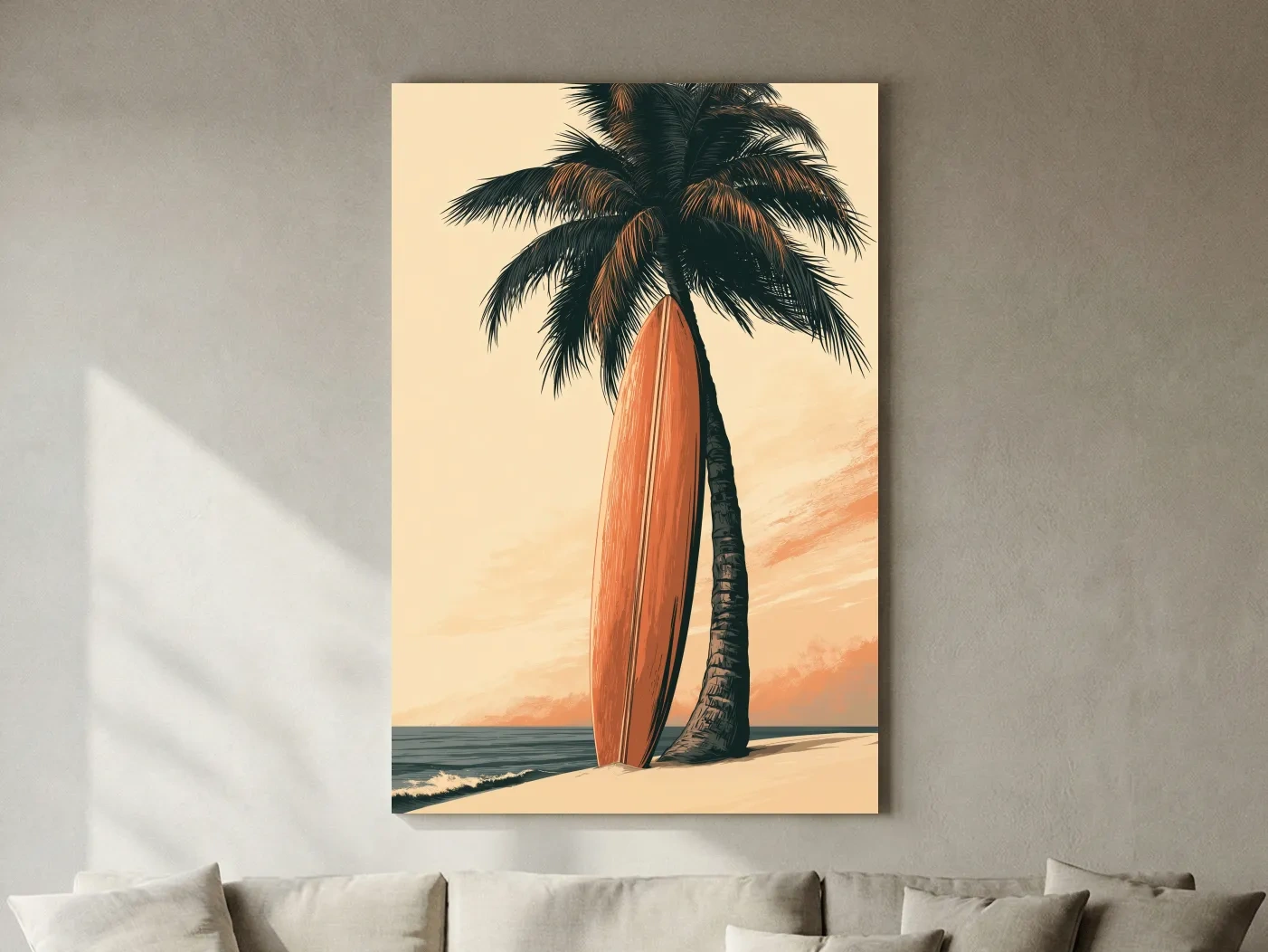 Retro Surfboard Palm Tree Illustration - Boho Tropical Wall Art
