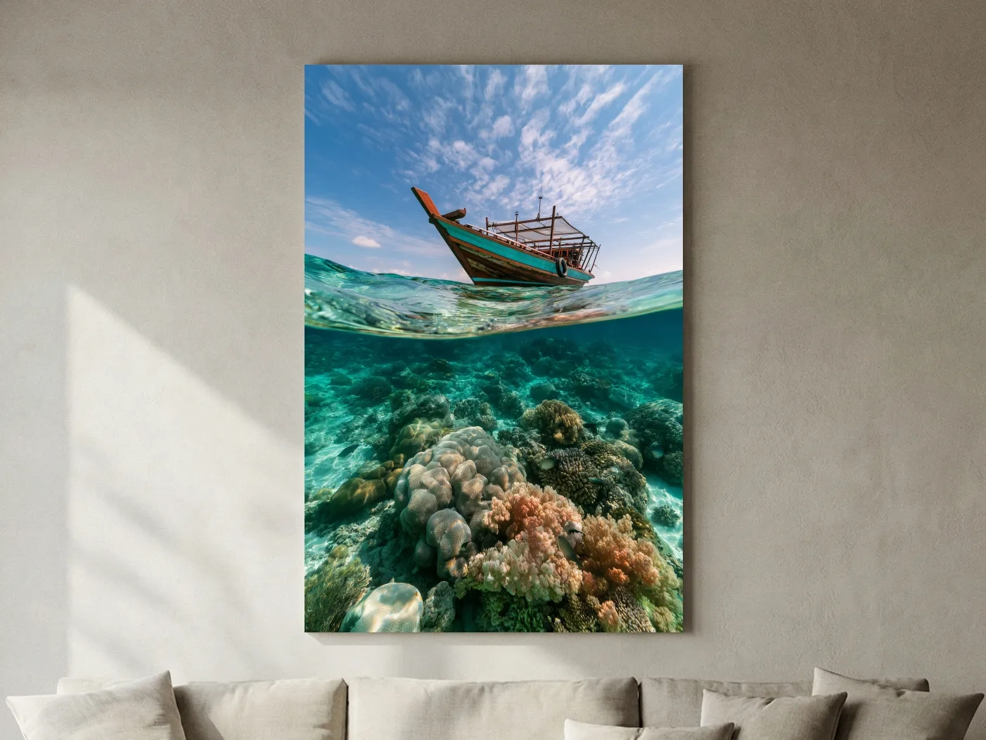 Surreal Tropical Fishing Boat Coral Reef - Underwater Wall Art