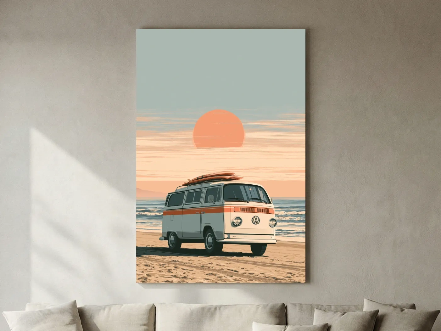 Vintage Camper Van Beach Sunset - Retro Vector Coastal Wall Art