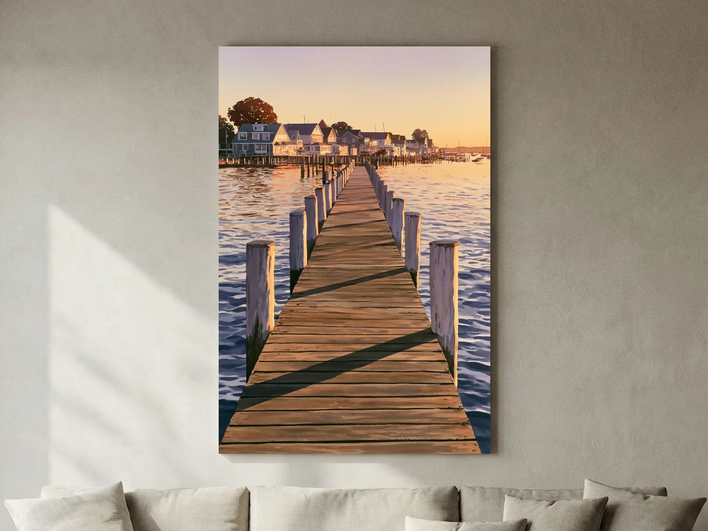 Golden Sunset Pier Village - Serene Nautical Waterfront Wall Art
