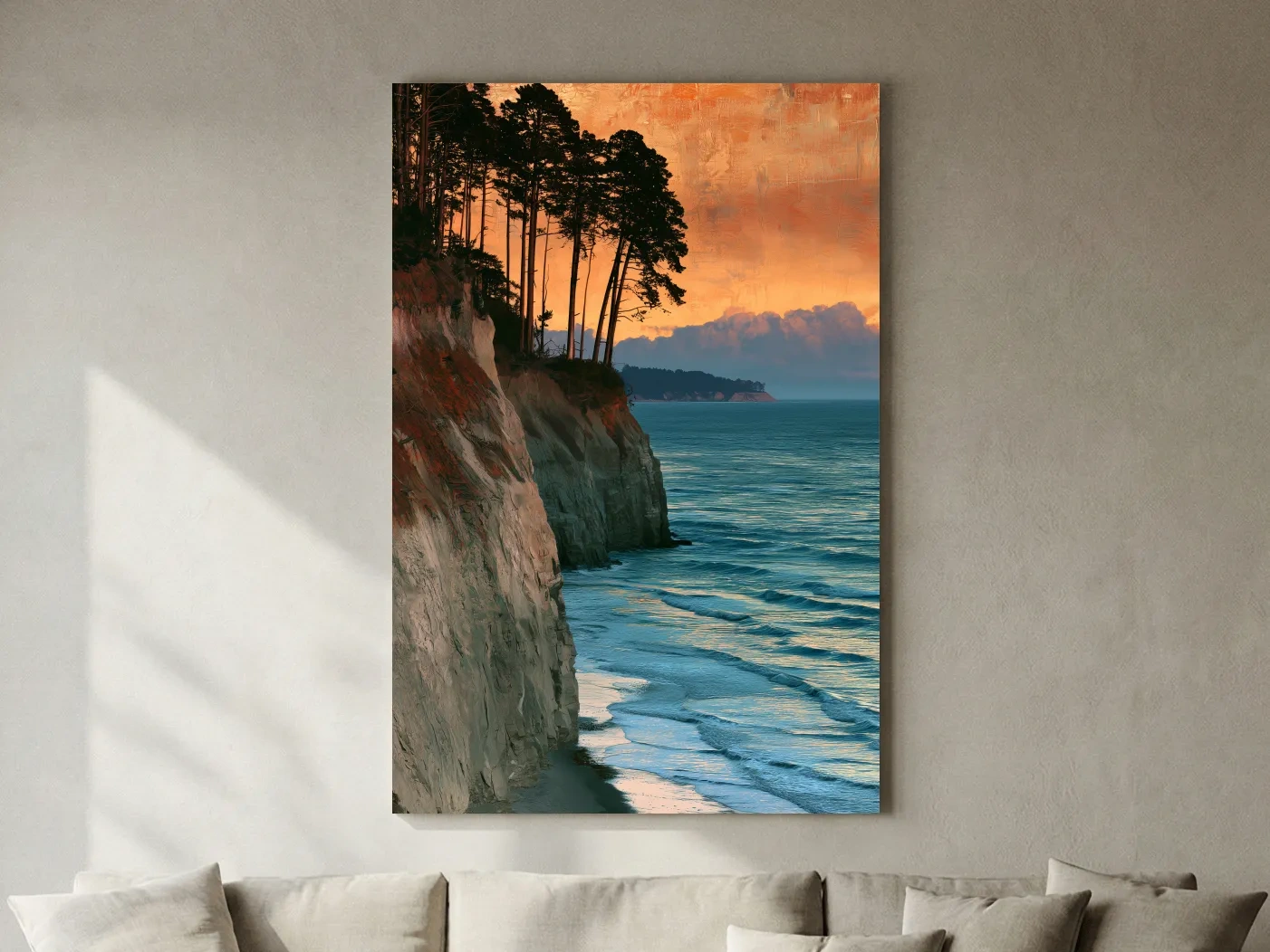Sunset Coastal Cliffs And Pine Trees - Abstract Illustration Wall Art