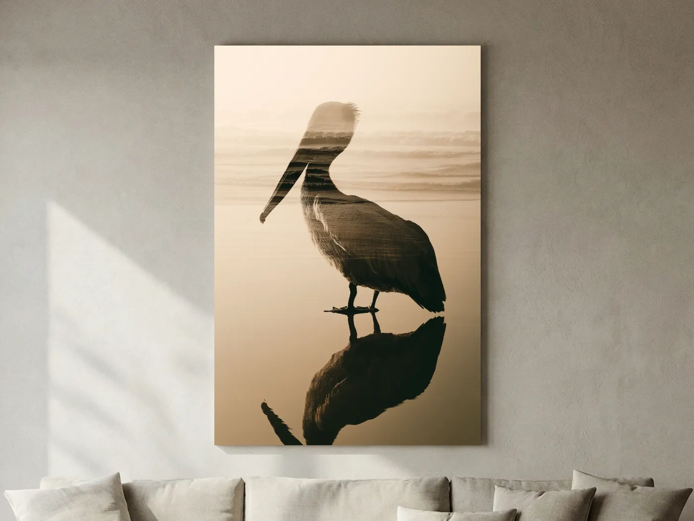 Pelican Double Exposure Silhouette - Minimalist Beach Photographic Wall Art