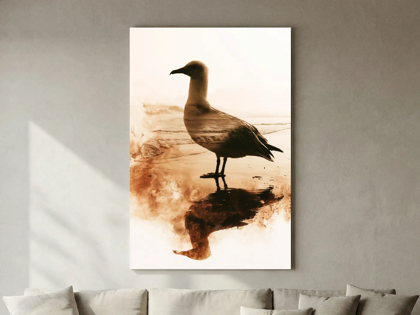 Seagull Double Exposure Beach Silhouette - Minimalist Photographic Wall Art
