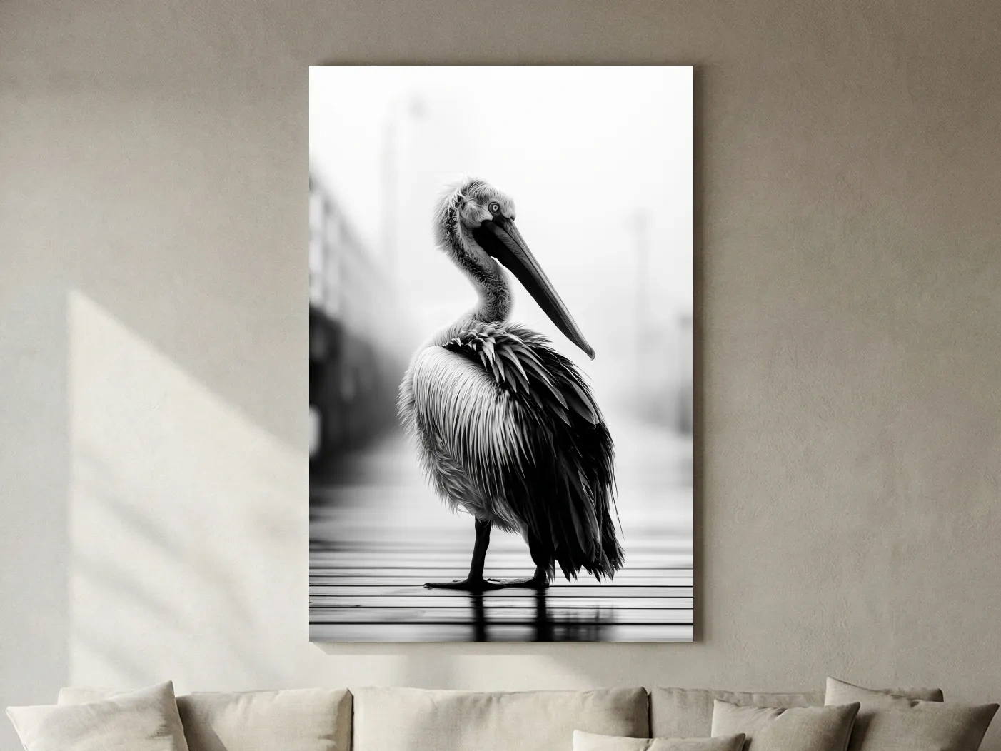 Misty Pelican Pier Portrait - Minimalist Photographic Bird Wall Art