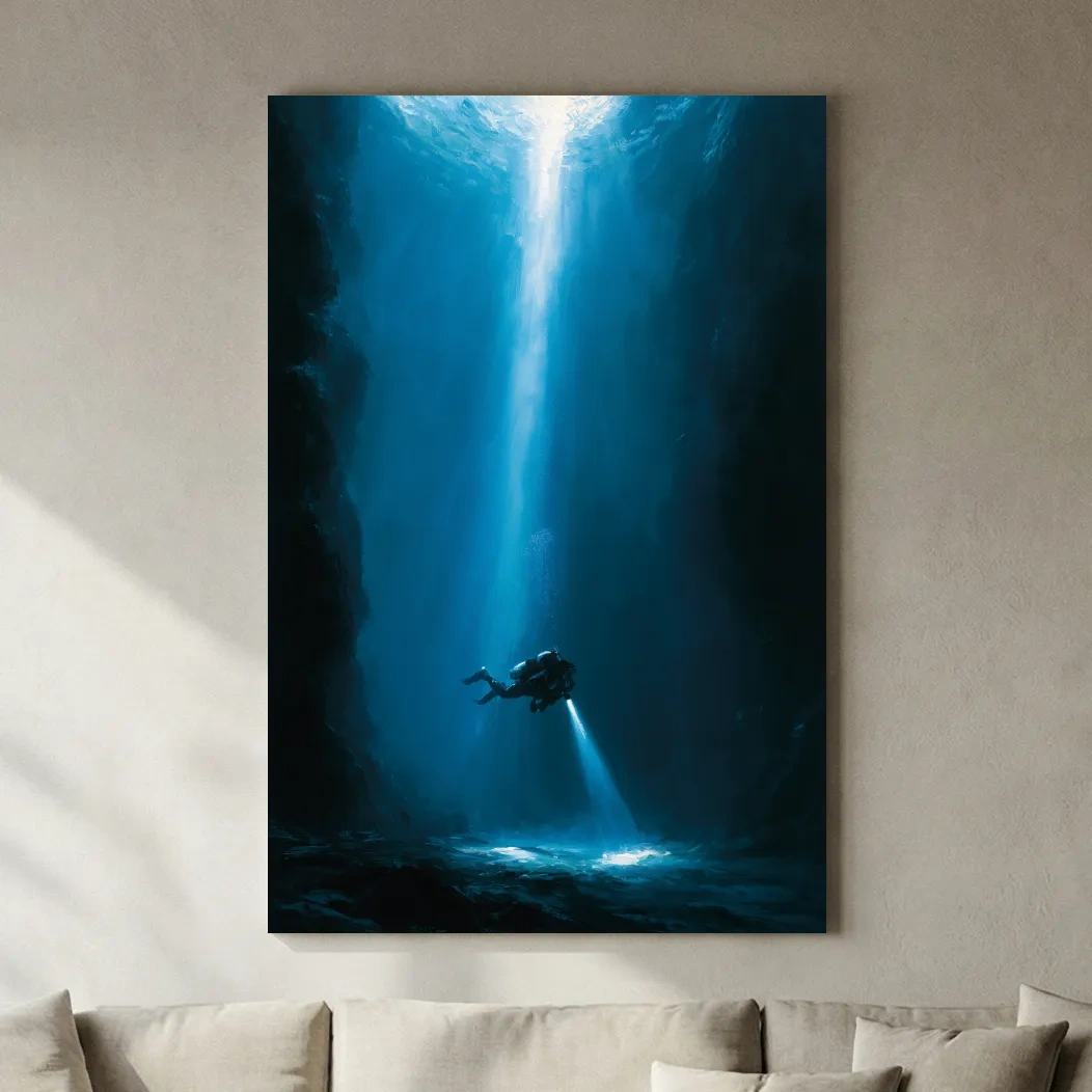 Surreal Underwater Scuba Diver Painting - Dramatic Deep Sea Wall Art