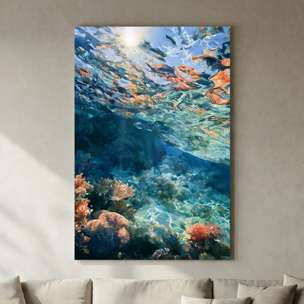 Sunlit Underwater Coral Reef Painting - Vibrant Marine Wall Art