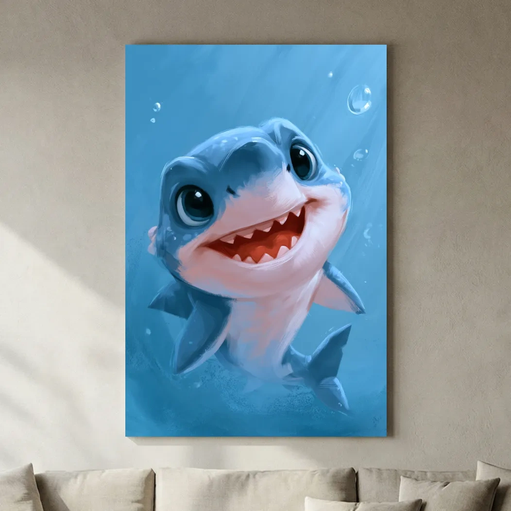 Cute Baby Shark Underwater Painting - Whimsical Nursery Marine Life Art