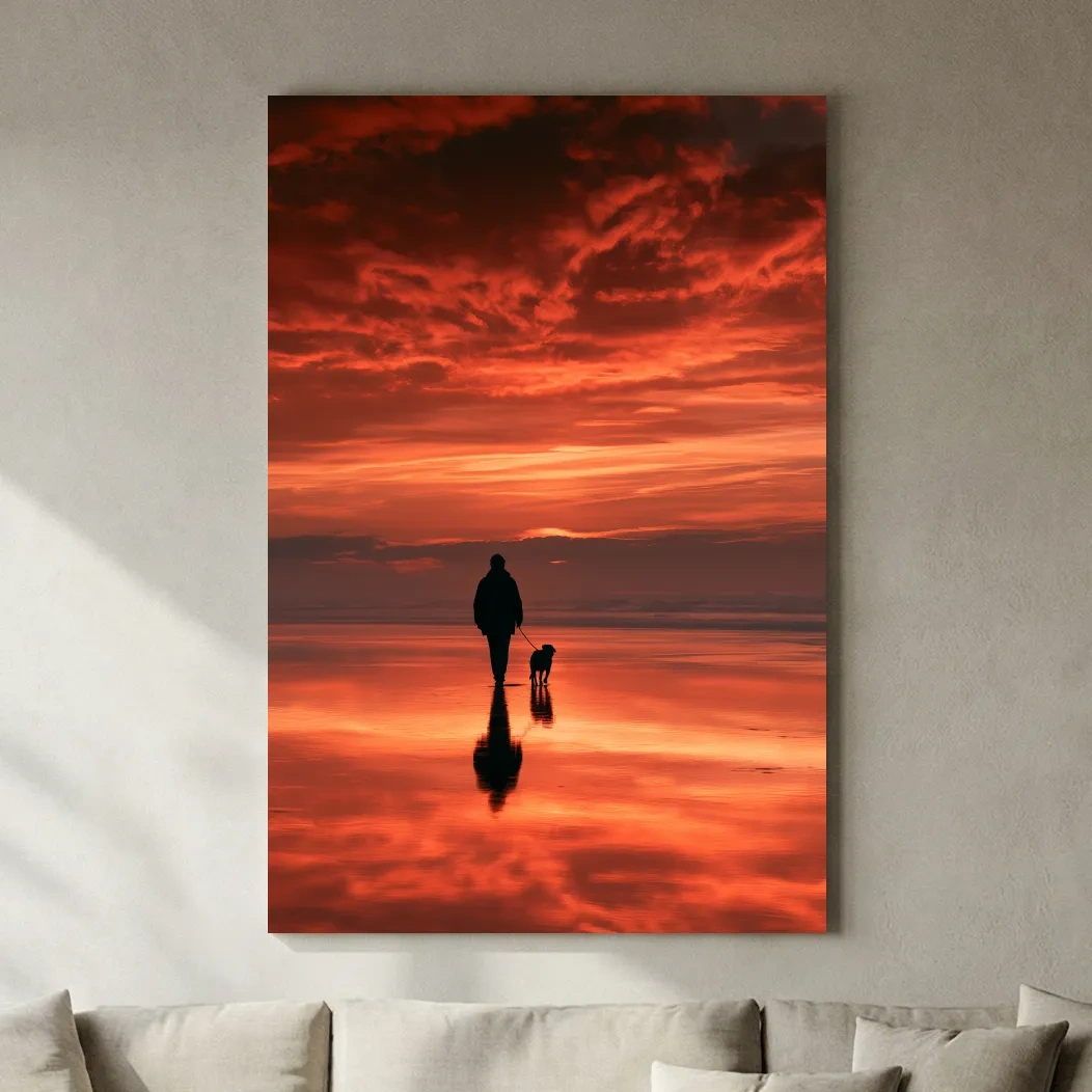 Sunset Walker and Dog Silhouette - Surreal Photographic Beach Wall Art