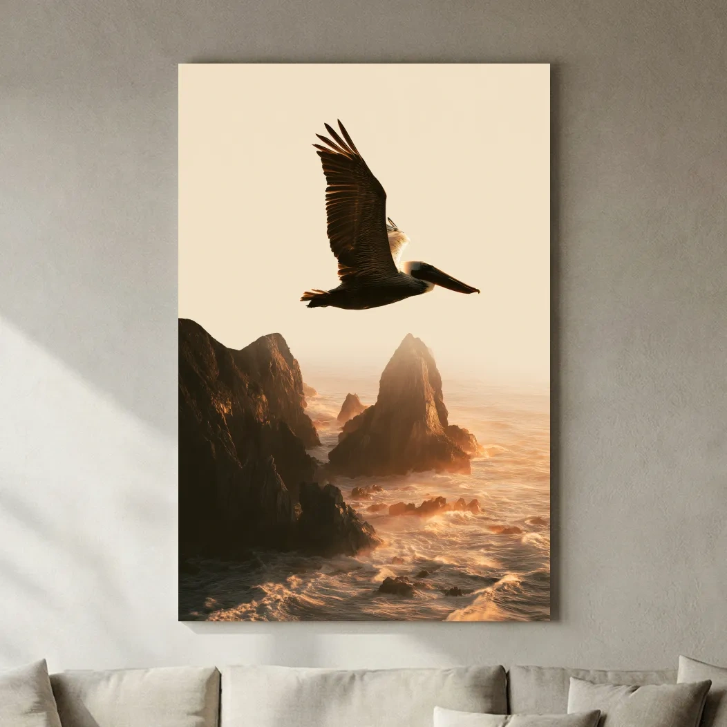 Golden Hour Pelican Flight - Dramatic Coastal Cliff Photographic Wall Art