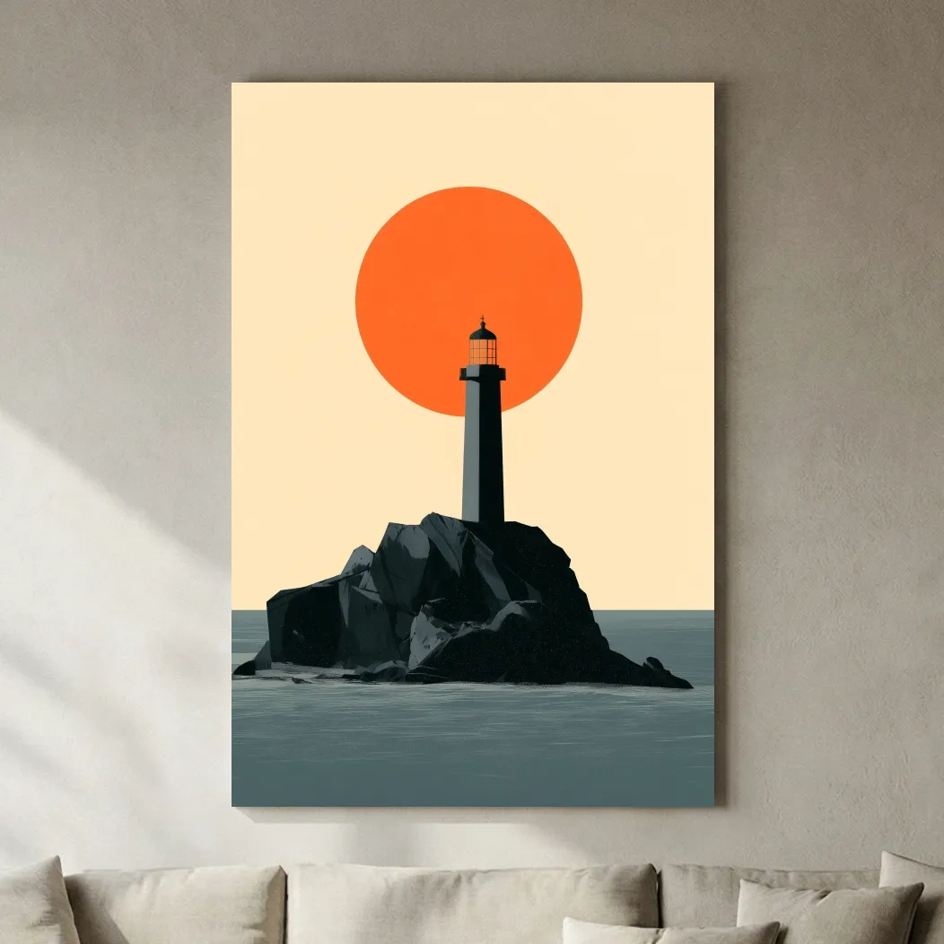 Mid-Century Lighthouse Sunset Illustration - Geometric Coastal Wall Art