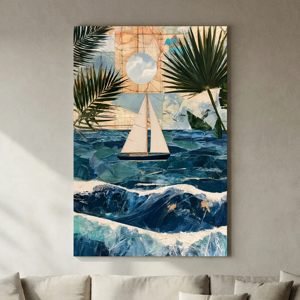 Tropical Sailboat Collage - Mixed Media Ocean Wall Art