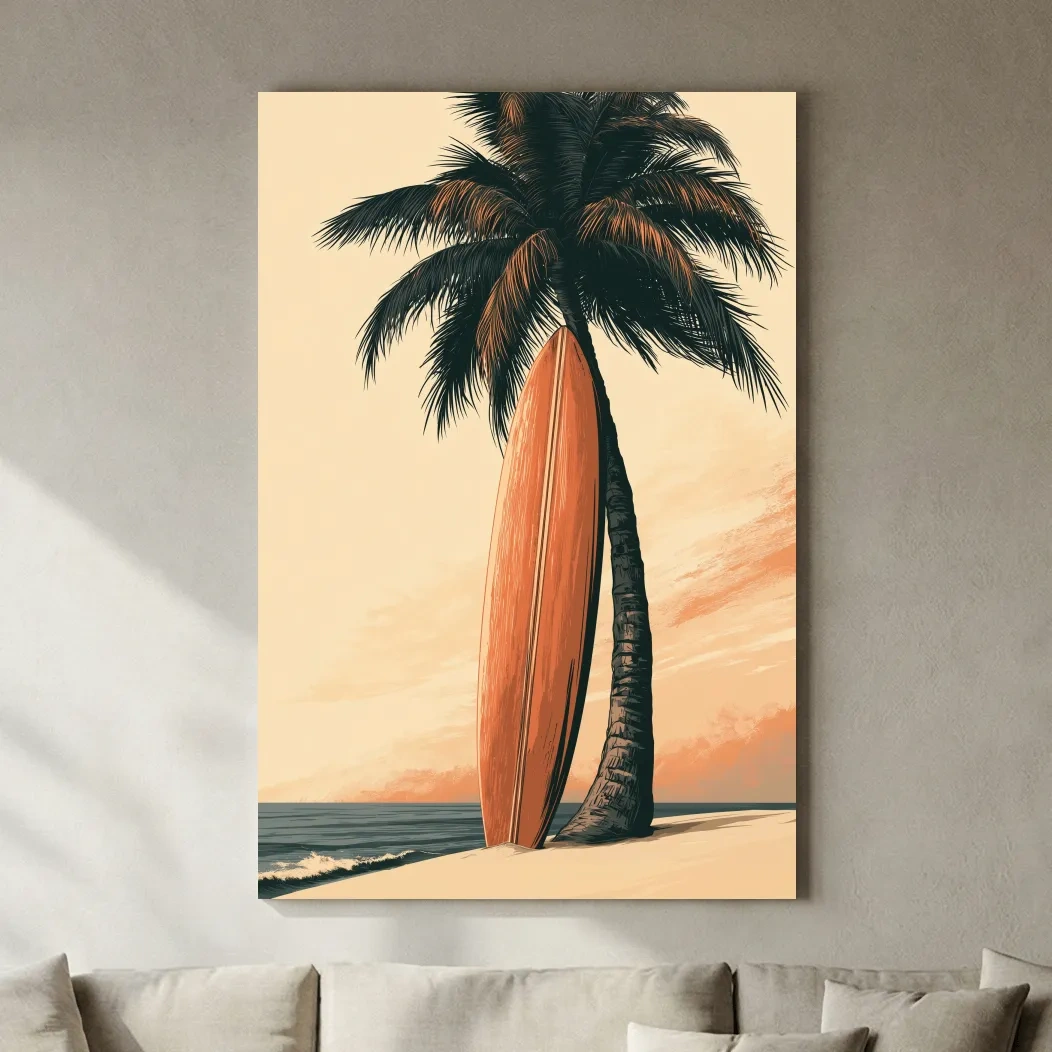 Retro Surfboard Palm Tree Illustration - Boho Tropical Wall Art