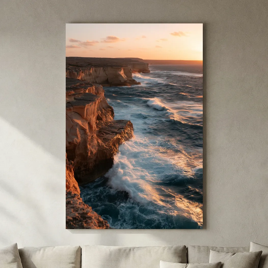 Golden Hour Rugged Coastal Cliffs - Dramatic Ocean Photographic Wall Art