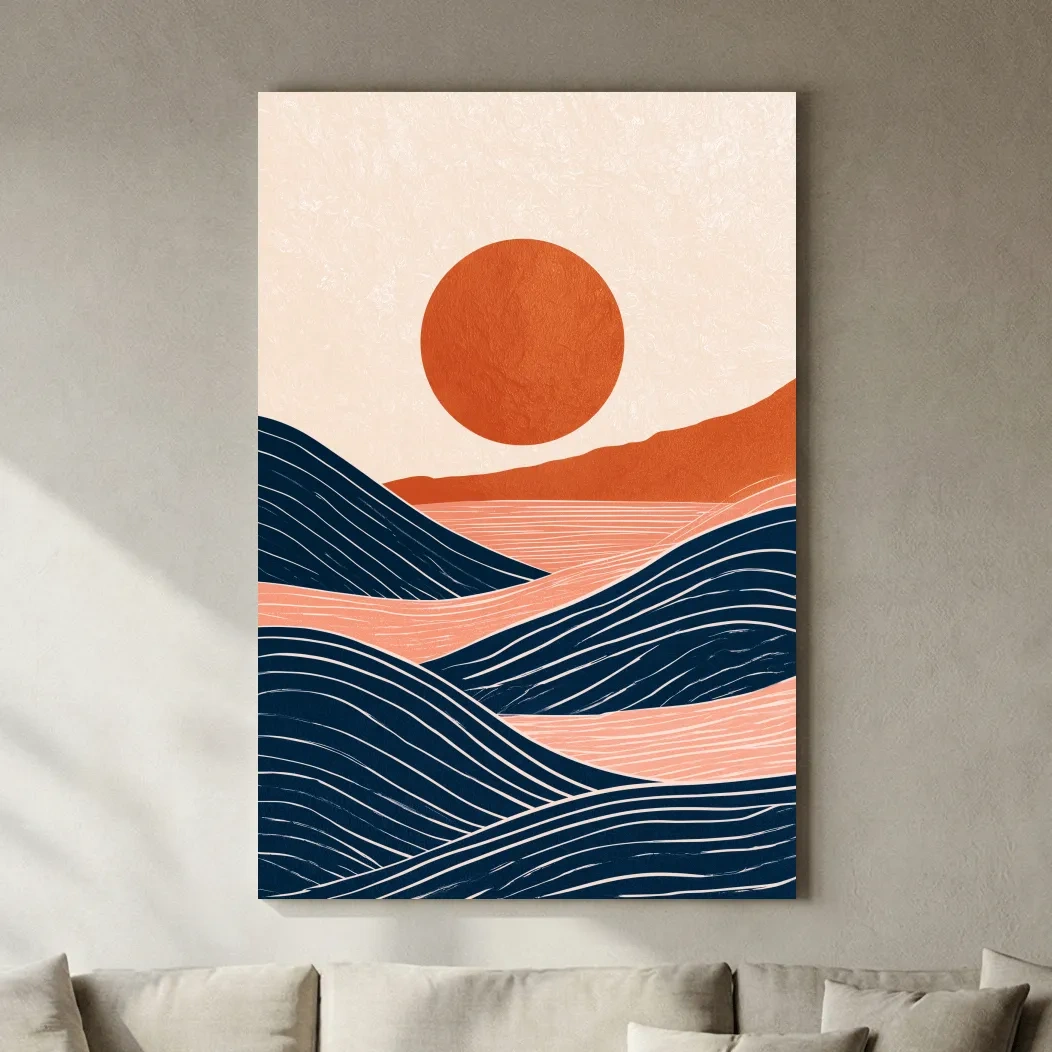 Mid-Century Geometric Ocean Sunrise - Retro Vector Seascape Wall Art