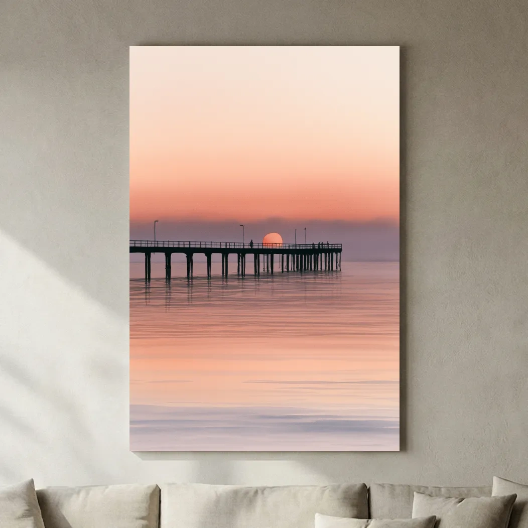 Sunset Pier Silhouette Watercolour - Tranquil Ocean Horizon Wall Art