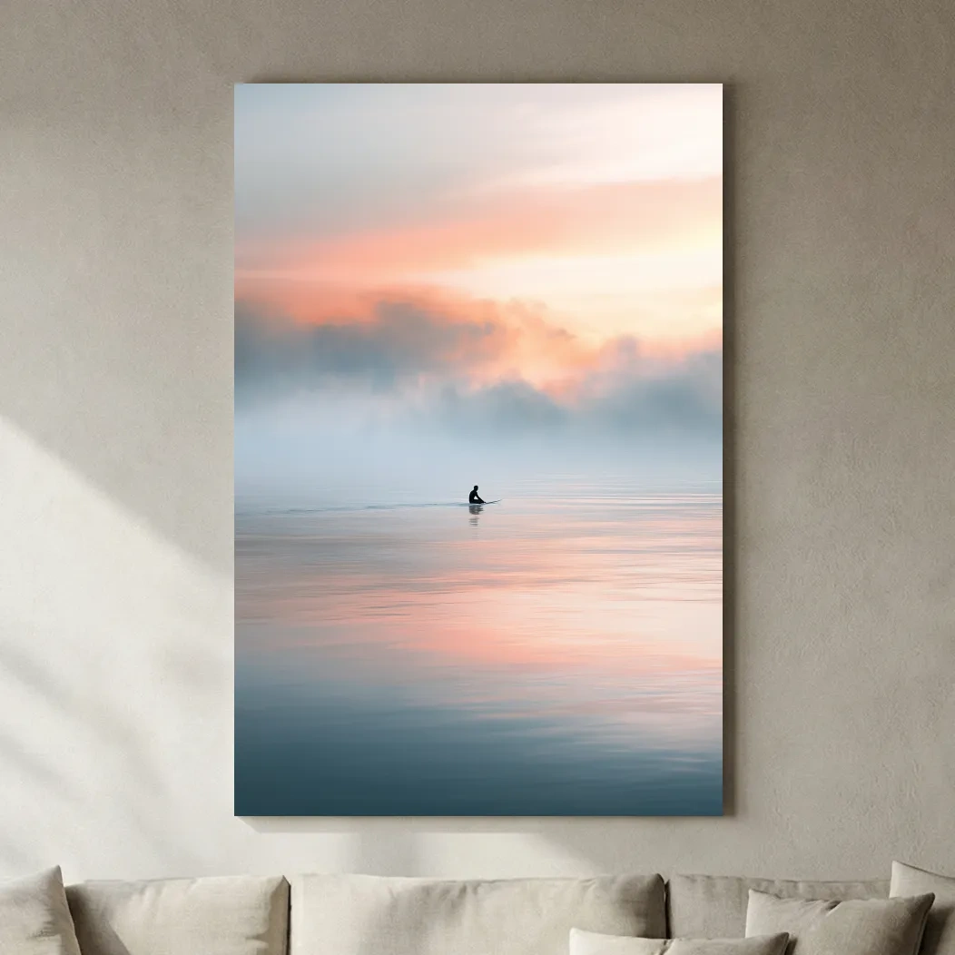 Lone Surfer at Sunrise - Dreamy Watercolour Ocean Wall Art