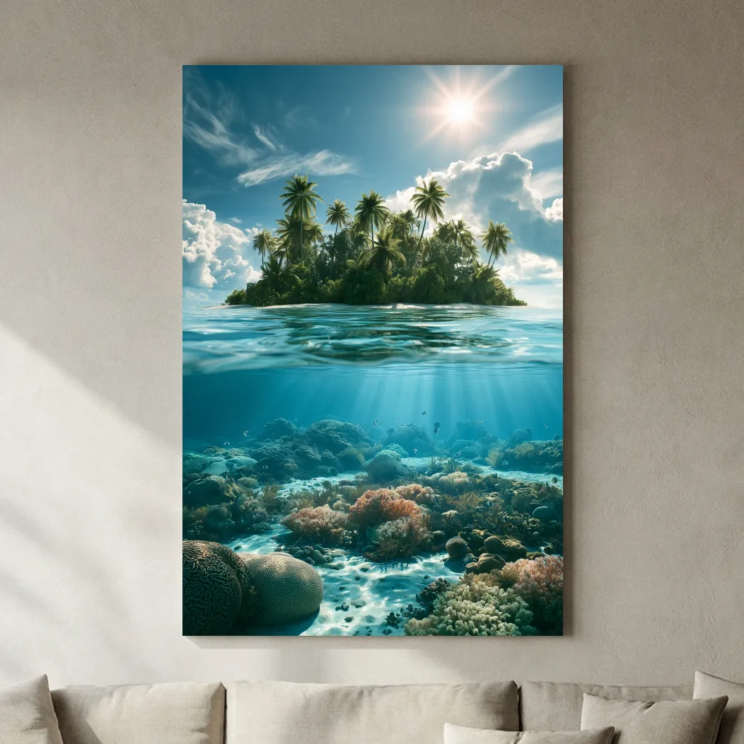 Tropical Island Coral Reef Split-Level - Surreal Photographic Underwater Wall Art