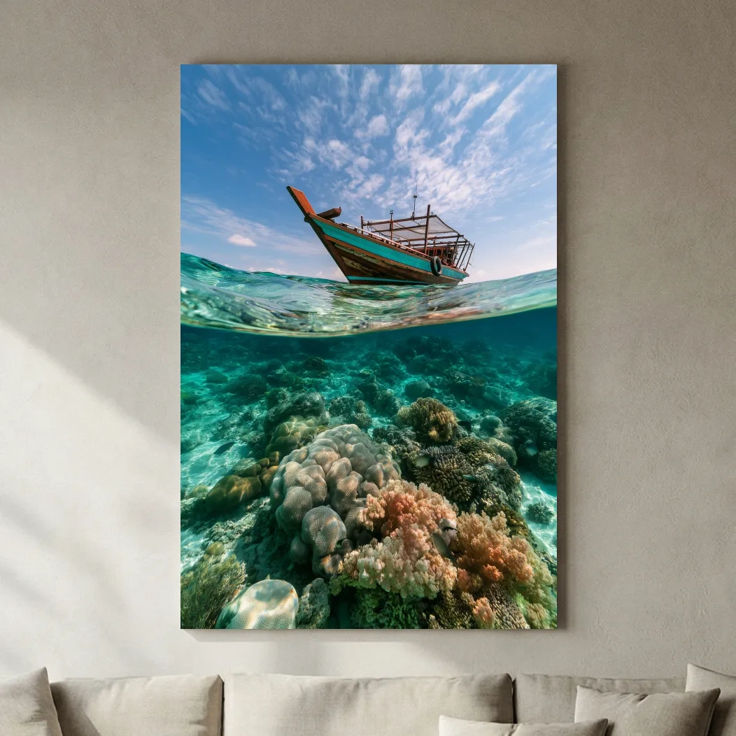 Surreal Tropical Fishing Boat Coral Reef - Underwater Wall Art