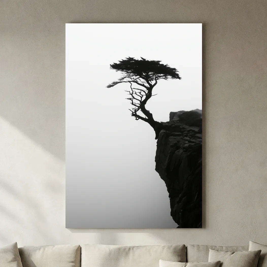 Misty Cypress Silhouette Cliff - Minimalist Photographic Wall Art
