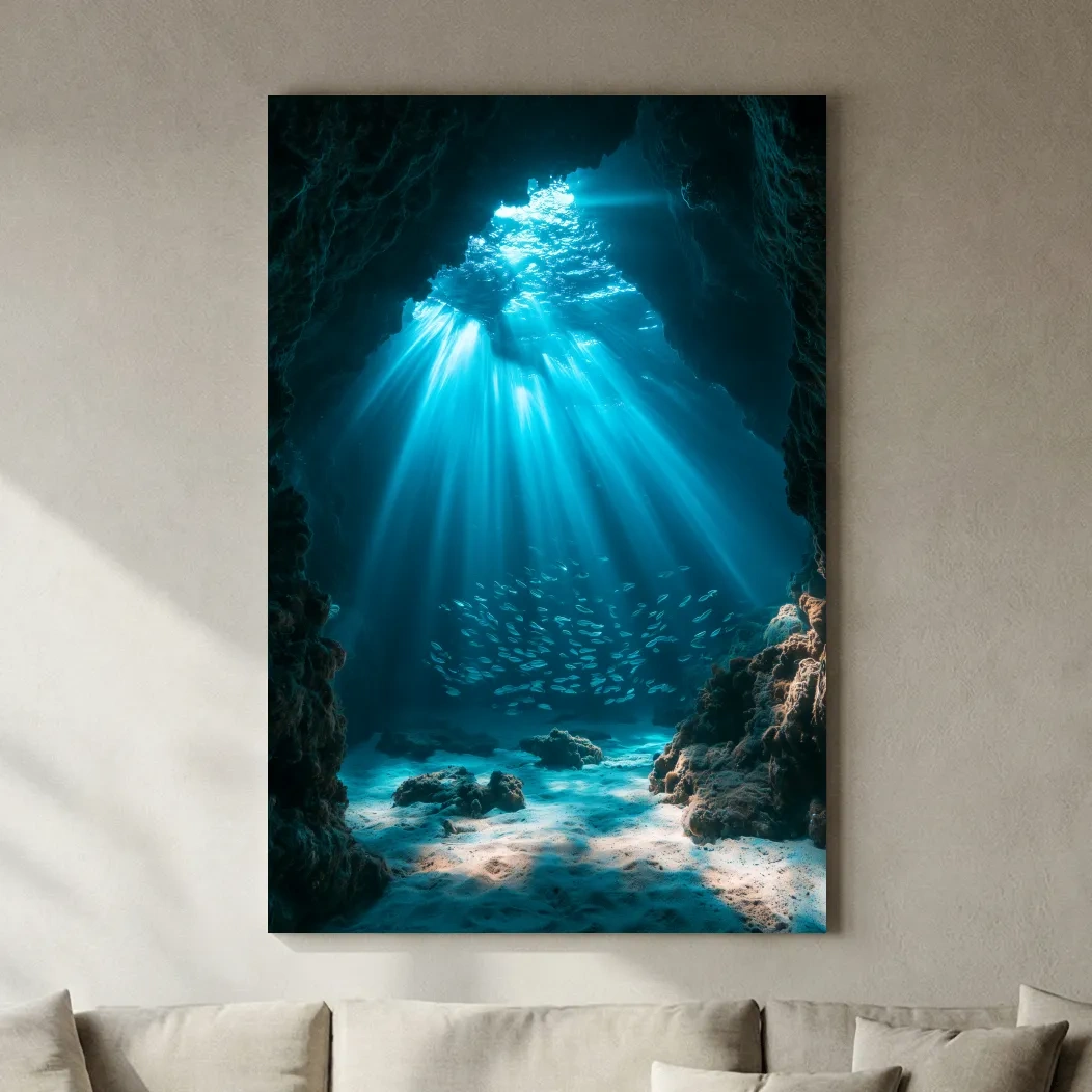 Surreal Underwater Sea Cave Sunbeams - Photographic Marine Life Wall Art