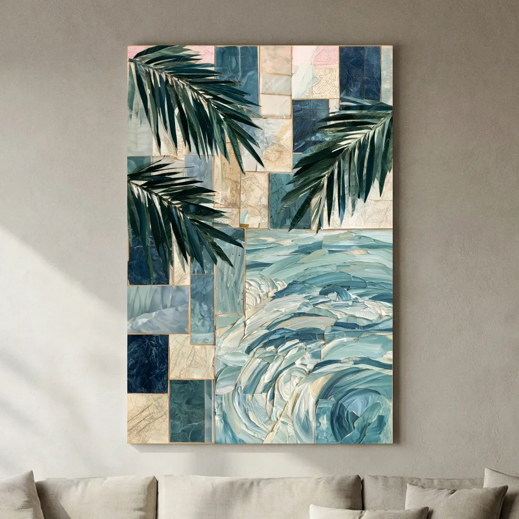Tropical Palm Frond Collage - Mixed Media Coastal Wall Art