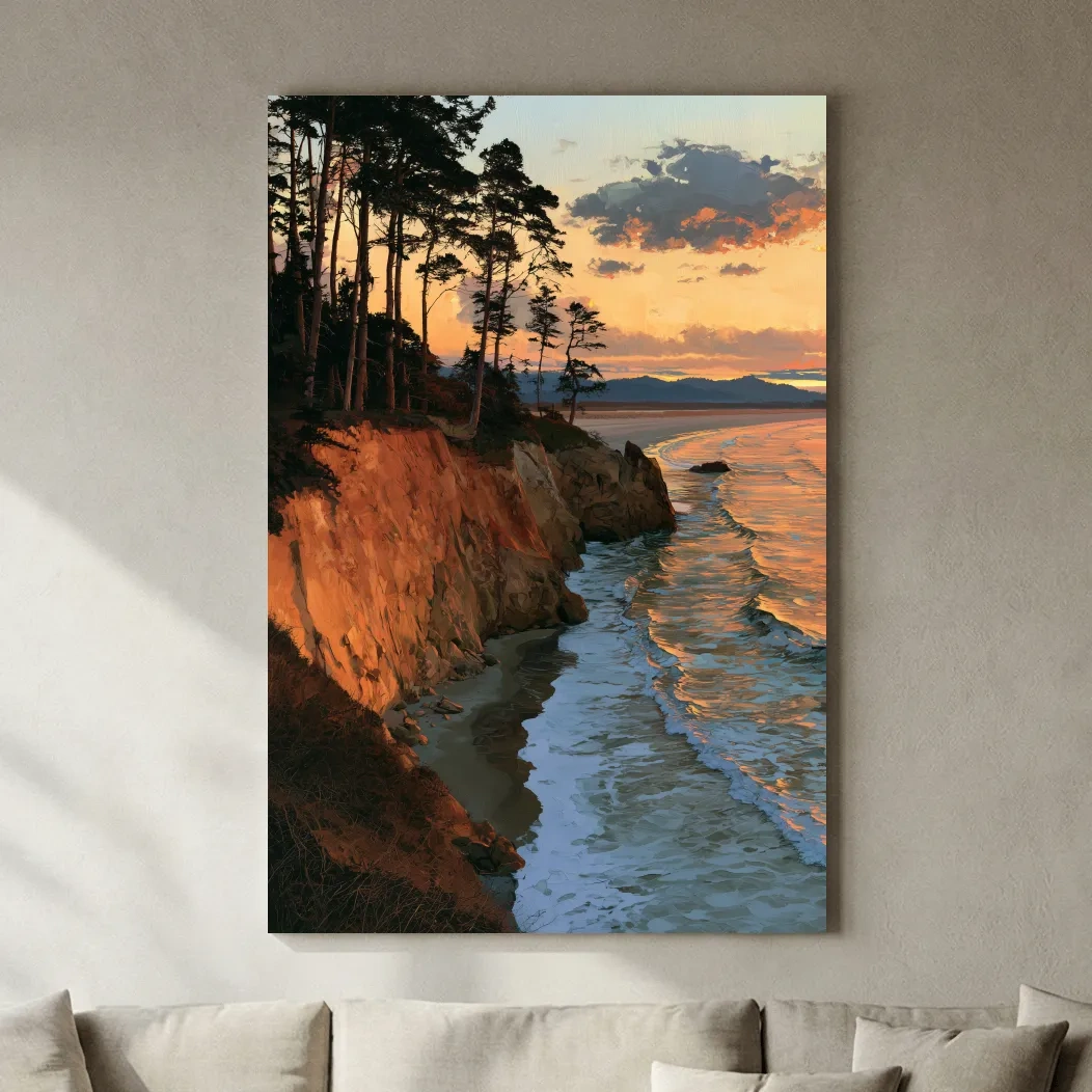 Sunset Coastal Cliffs And Pine Trees - Dramatic Ocean Landscape Painting