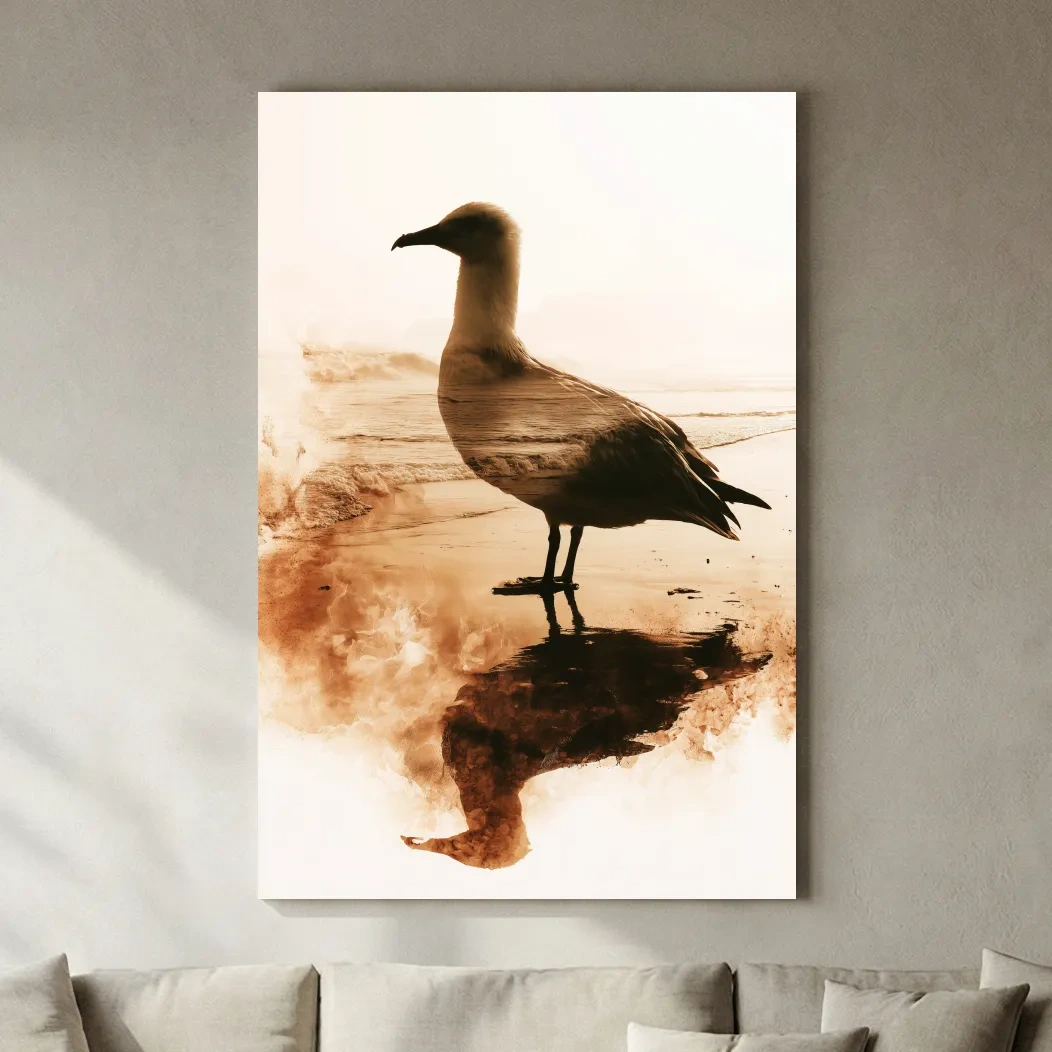 Seagull Double Exposure Beach Silhouette - Minimalist Photographic Wall Art