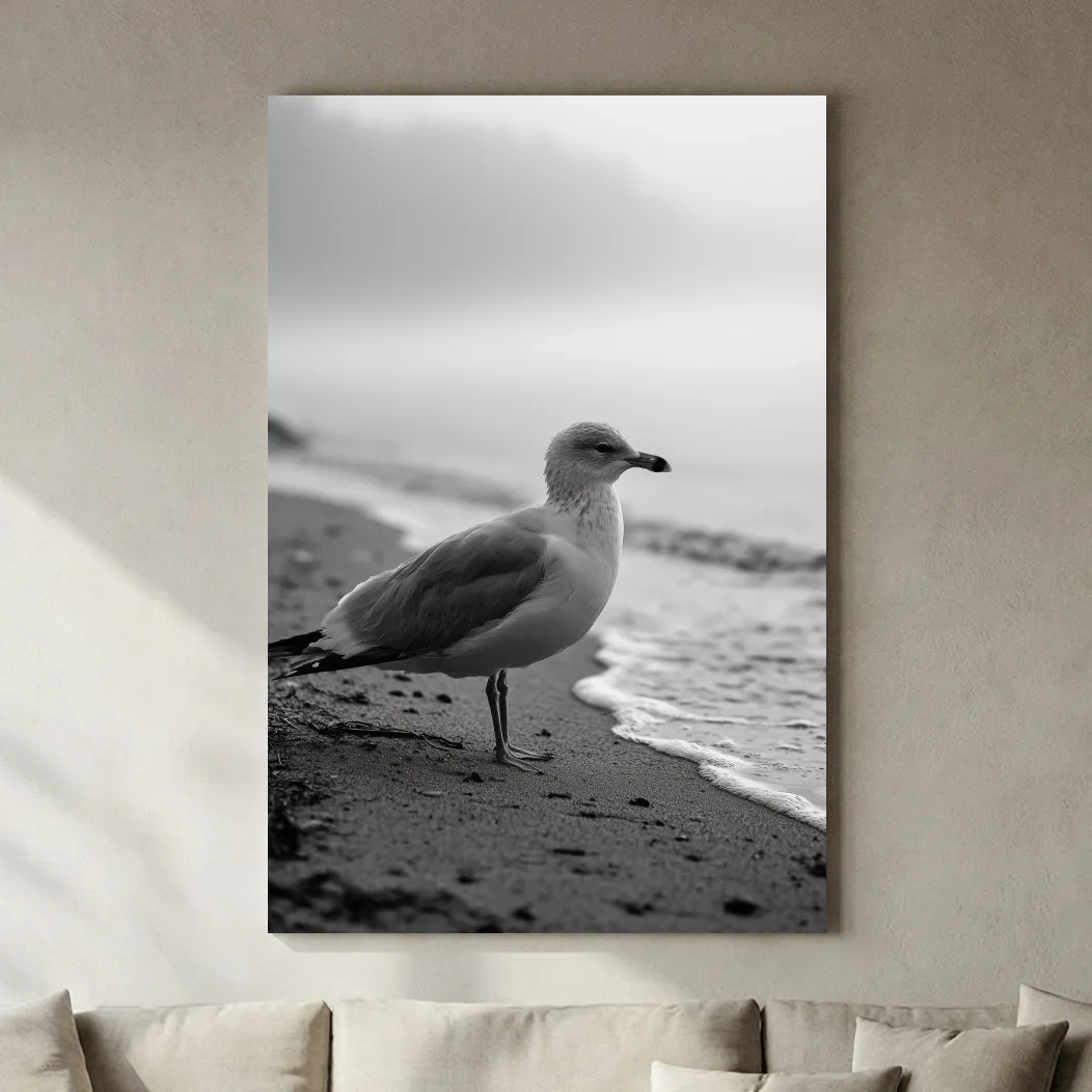 Misty Seagull Beach Scene - Minimalist Photographic Wall Art