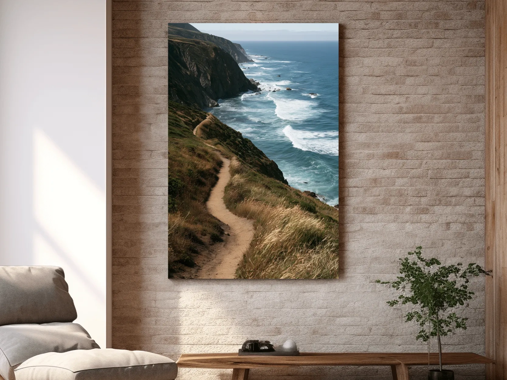 Misty Coastal Hiking Trail - Dramatic Cliffside Photographic Wall Art