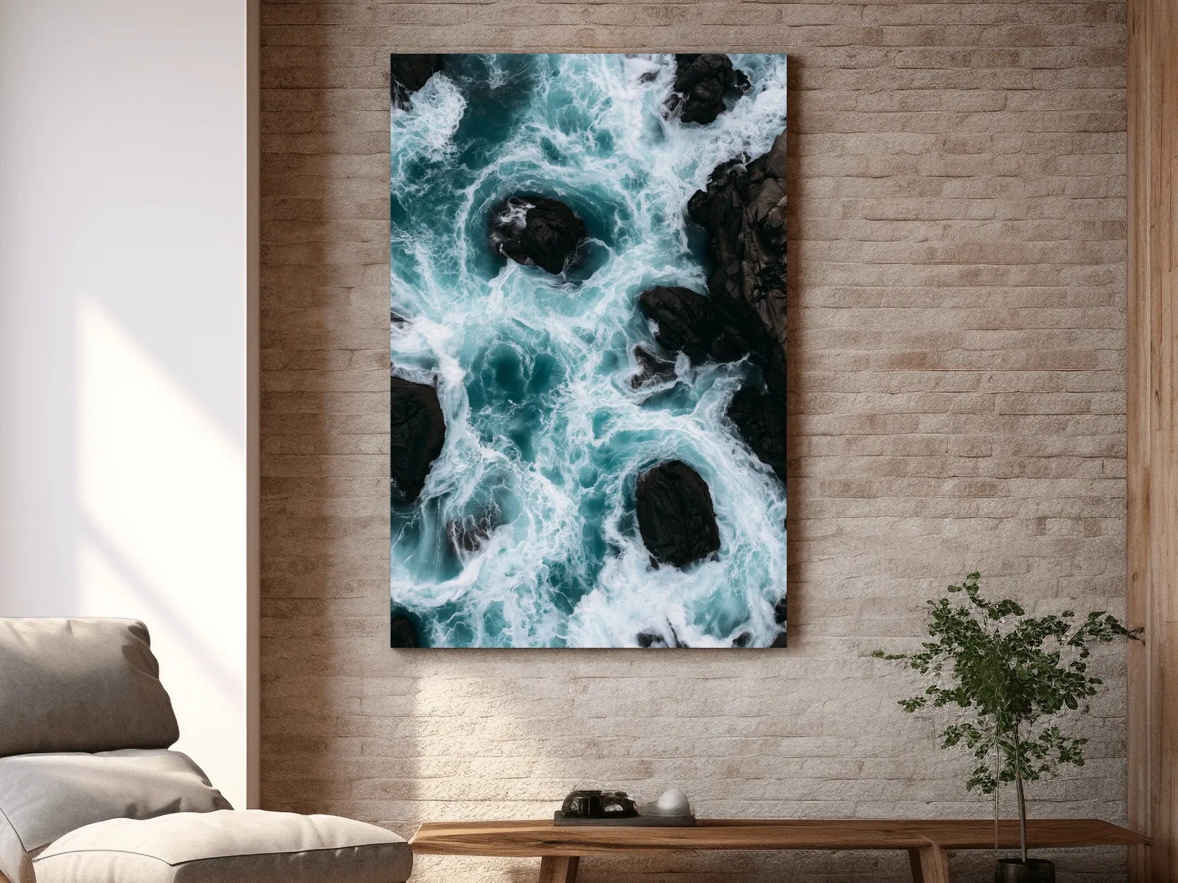 Aerial Crashing Waves Over Rocky Shore - Dramatic Photographic Wall Art