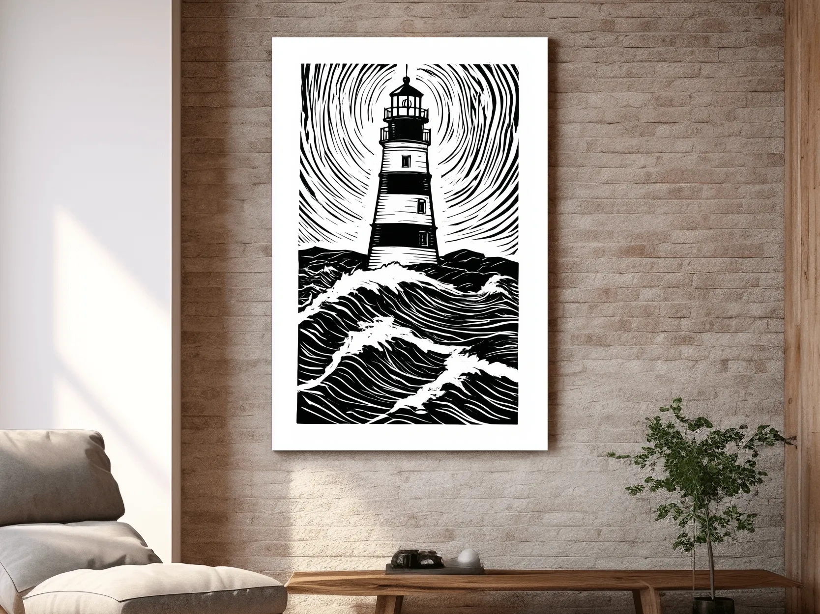 Black and White Lighthouse Linocut - Minimalist Ocean Wall Art