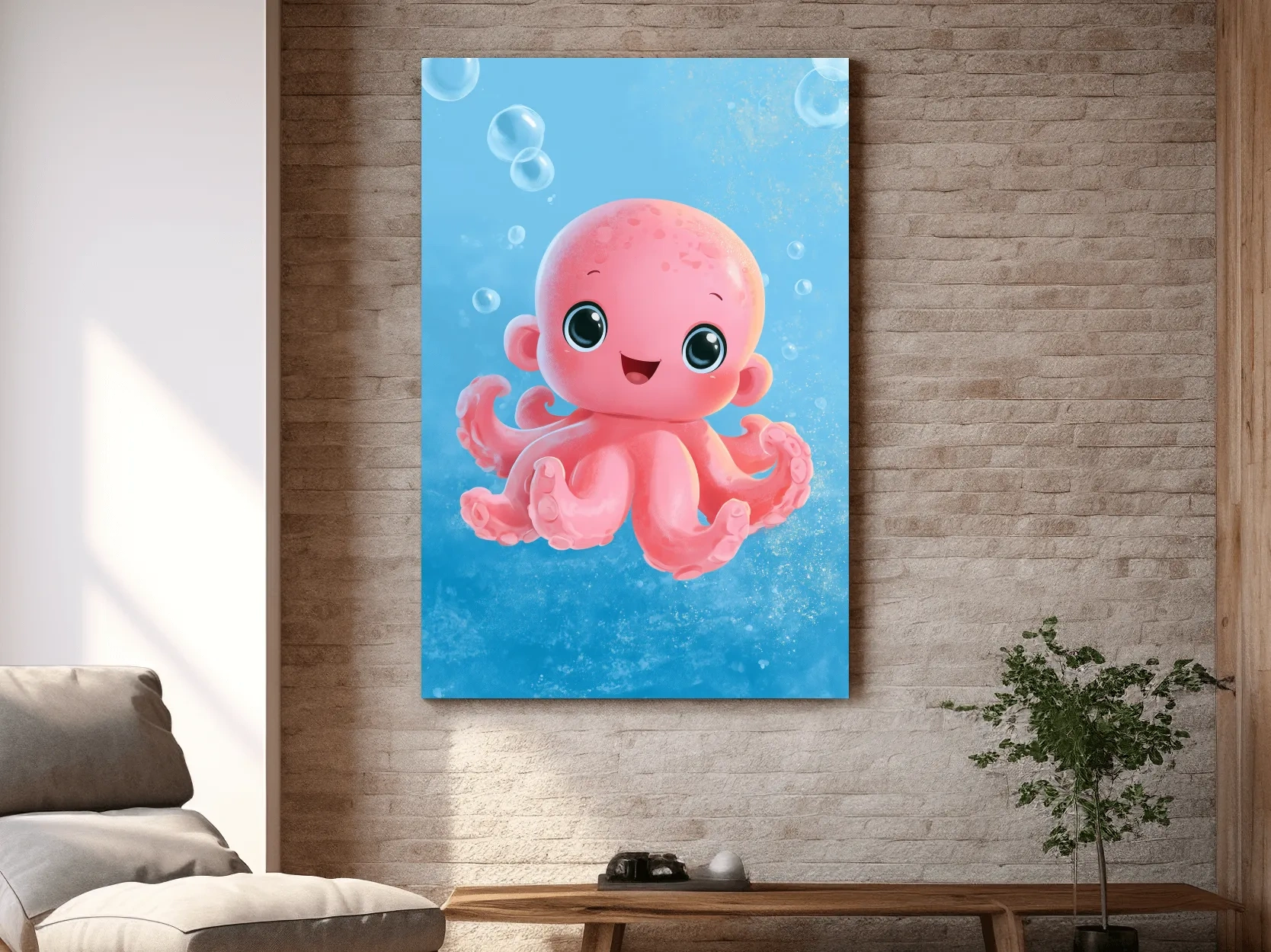 Cute Baby Octopus Underwater Illustration - Whimsical Nursery Marine Life Art