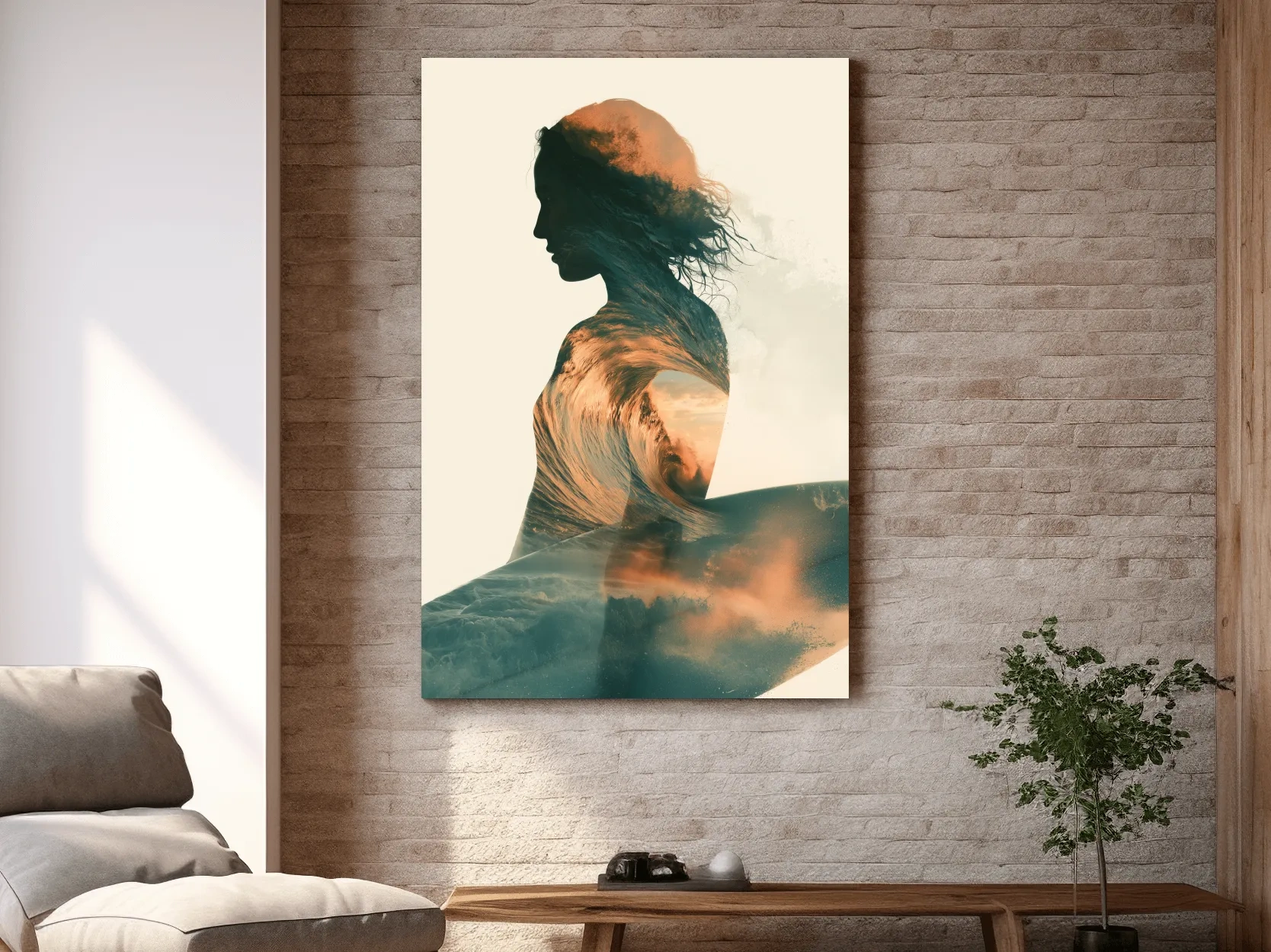 Surreal Female Silhouette Wave Double Exposure - Ocean Illustration Wall Art