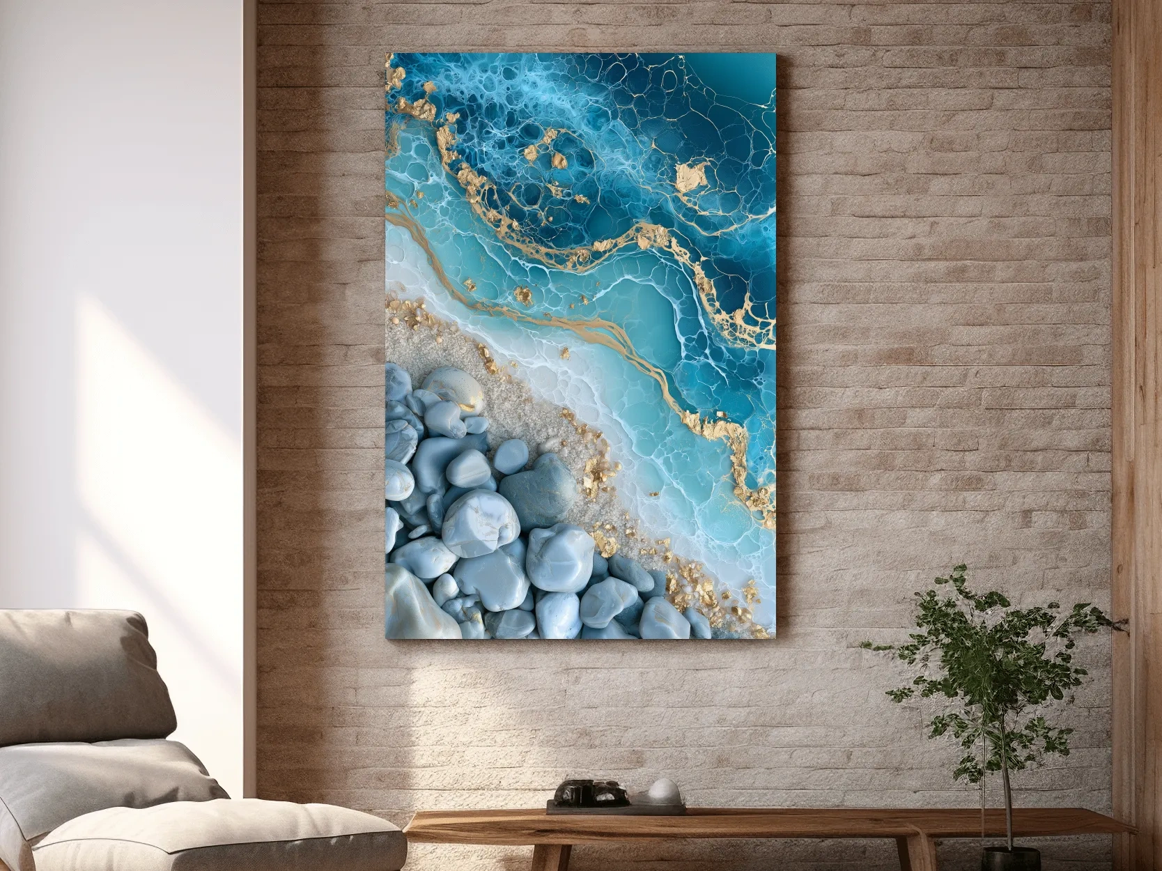 Pebble and Gold Resin Pour - Abstract Stone Wall Art