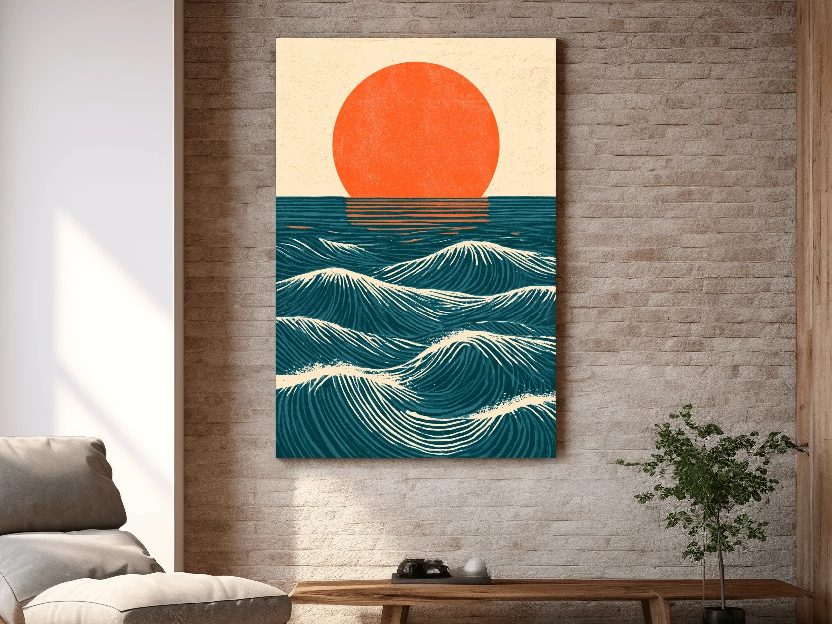 Mid-Century Ocean Waves Sunset - Geometric Illustration Wall Art