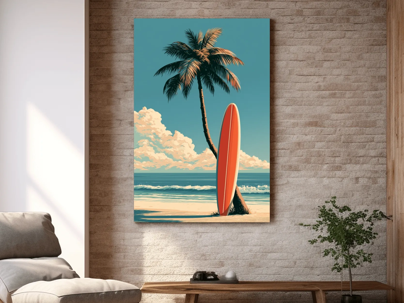 Vintage Surfboard on Palm Beach - Retro Coastal Wall Art
