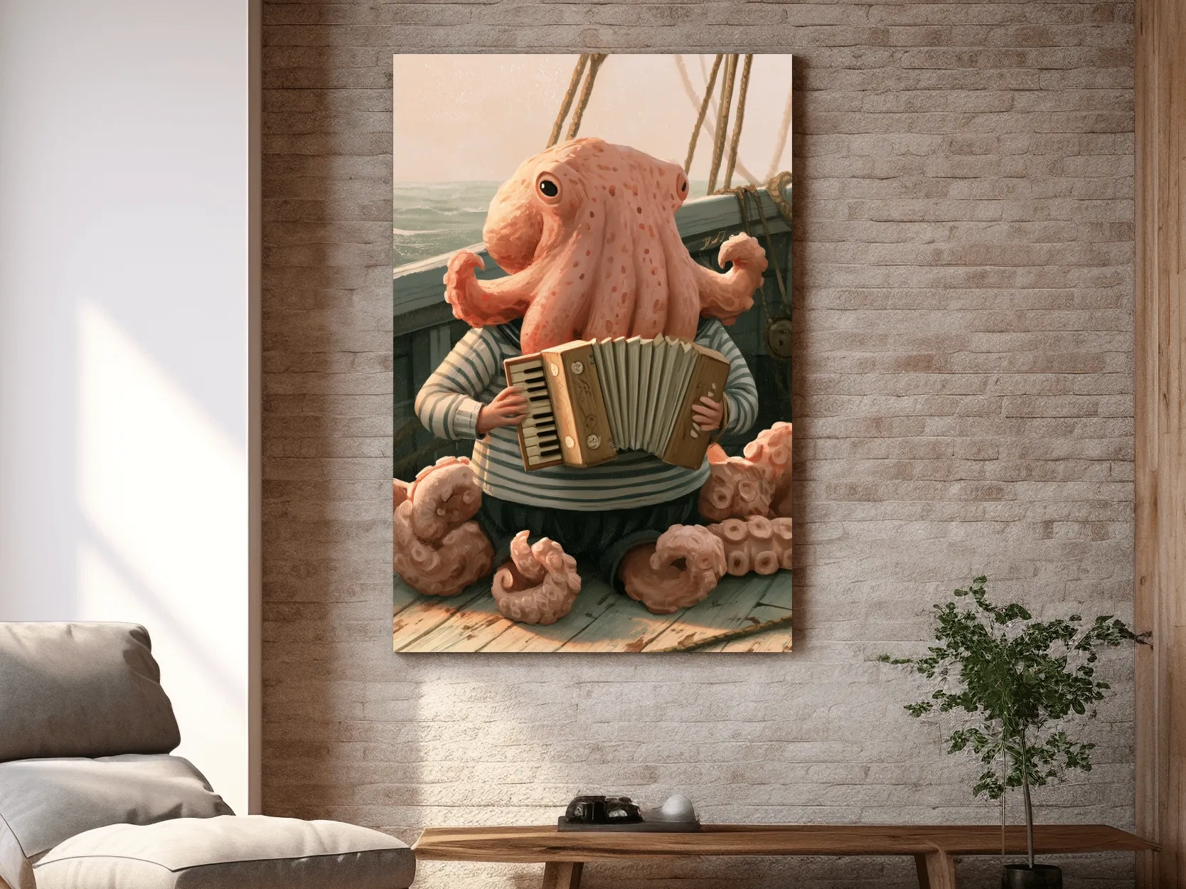 Whimsical Scandi Octopus Accordion Player - Nautical Folk Art Painting