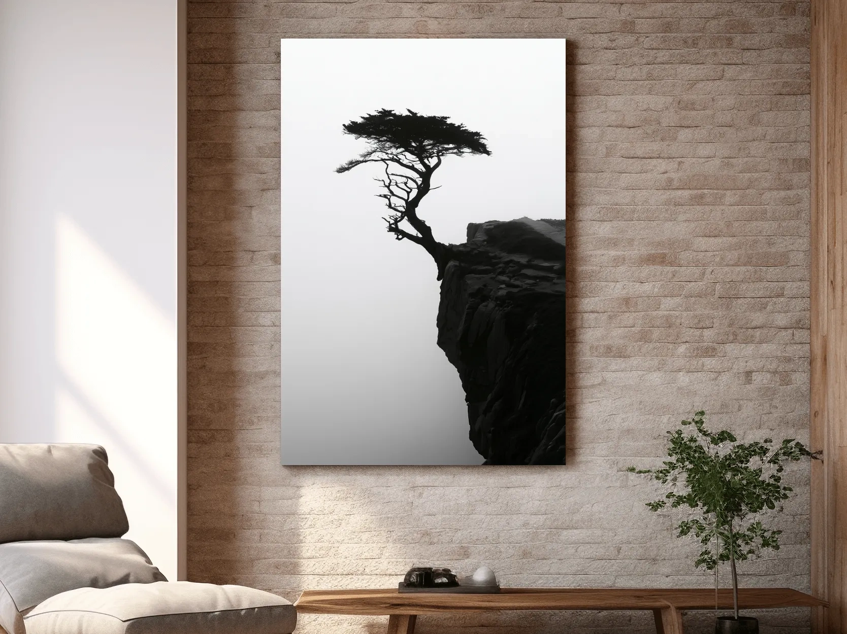 Misty Cypress Silhouette Cliff - Minimalist Photographic Wall Art