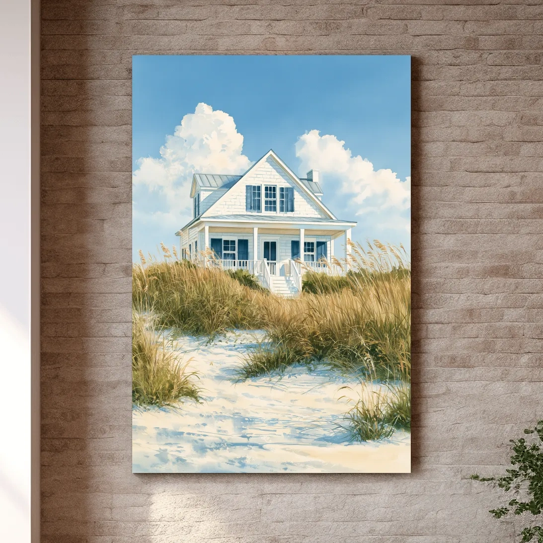 Serene Beach Cottage Painting - Coastal Dune Wall Art