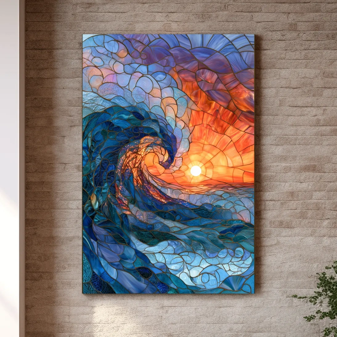 Stained Glass Style Crashing Wave - Abstract Ocean Sunset Wall Art