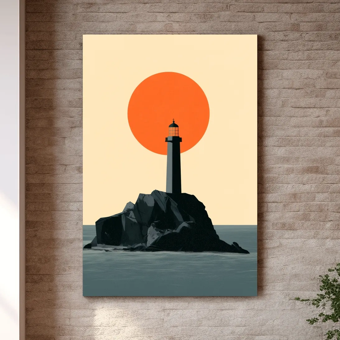 Mid-Century Lighthouse Sunset Illustration - Geometric Coastal Wall Art