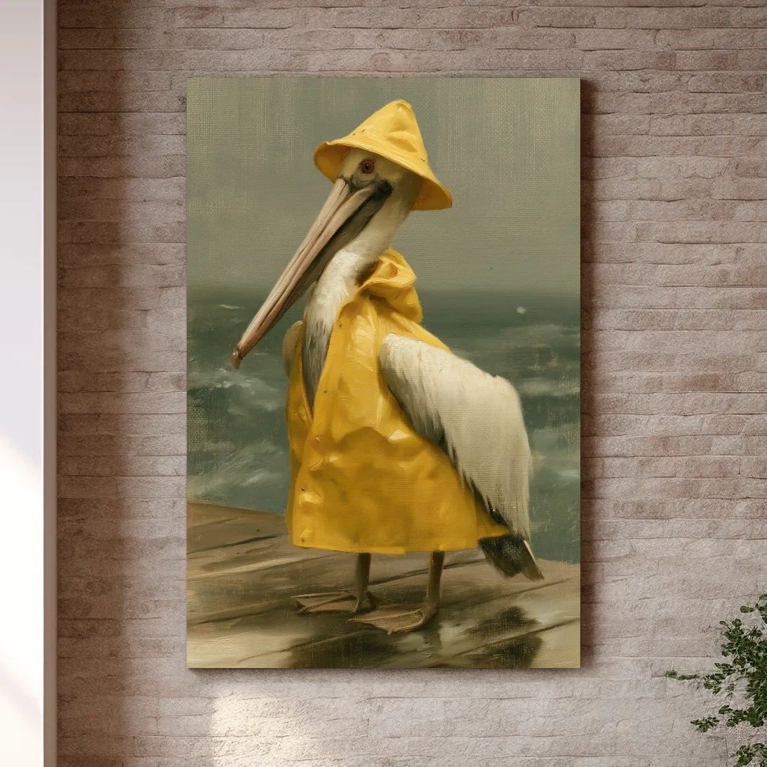 Whimsical Raincoat Pelican Painting - Coastal Bird Wall Art