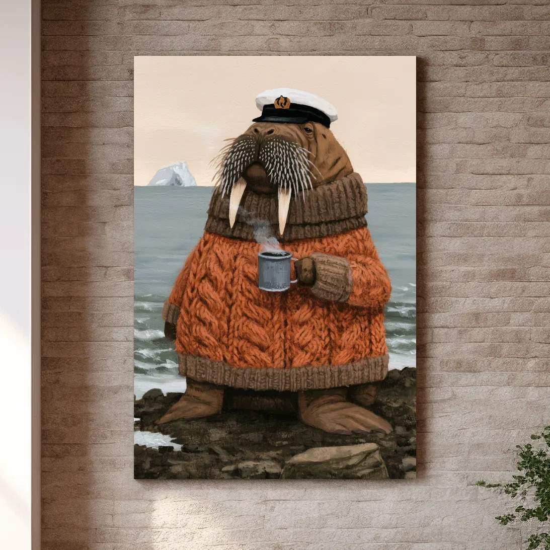 Whimsical Scandi Walrus Sailor Painting - Folk Art Marine Life Wall Art